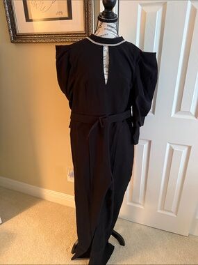 Black Puff-Sleeve Jumpsuit with Embellished Neckline and Belt